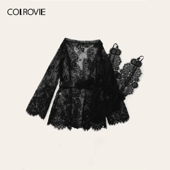 COLROVIE 2szt rzęsy koronki kwiatowy teddy body z szlafrokiem kobiety lato 2019 przezroczysta bielizna, sexy czarne body stałe piżamy