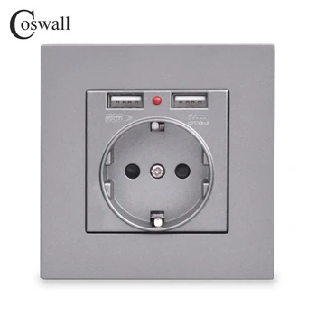 COSWALL Dual USB Charging Port 16A Wall EU Poland Power Socket Outlet szklany panel PC Panel jest matowy szary kolor