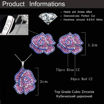 CWWZircons wysokiej jakości czerwony i niebieski cyrkonia Kryształ kolor srebrny znane marki róża kwiat zestawy biżuterii dla kobiet T220