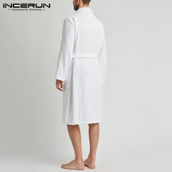 Ciepłe kieszenie kimono strona odzież zasznurować koszulę nocną wypoczynek jednolity kolor szlafrok INCERUN mężczyźni zima z długim rękawem piżamy S-5XL