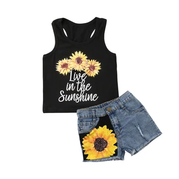 Citgeett Toddle Baby Kids Girls Sleeveless Sunflower Tops Kamizelka+Szorty Jeansowe Spodnie Letni Strój Odzież Sunshine Fashion Set