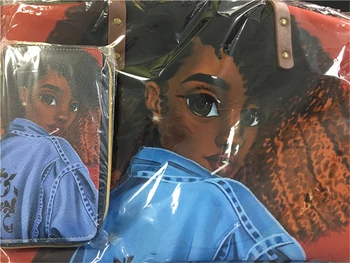 Customzied marka luksusowy projekt torby kobiety czarne sztuka afrykańska dziewczyna drukowanie 2 szt./kpl. Ręczna torba i portfel kobiety TOP-Uchwyt torby