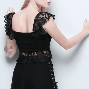 Czarna gotycka estetyczna koszulka Damska koronka kwadratowa koszula z krótkim rękawem odzież Street Slim Y2K Dark Academia Style Mall Goth Top Tee