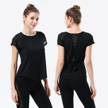 Czarna kobieta nowa koszula z krótkim rękawem elastyczna joga siatka sportowa koszulka fitness damska siłownia jogging czarne topy t-shirt darmowa wysyłka