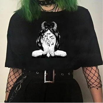 Czarna punk-bluzki Sadness Demon Girls estetyczna koszulka letnia damska t-shirt odzież thetic Shirt Vintage Women T-shirt