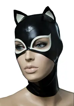 Czarny latex kaptur osłona gumowa Kobiety-kota z małym uchem Gummi 0,4 mm do noszenia stroju kota