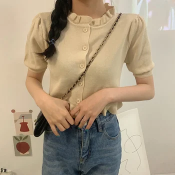 Damska letnia koszulka Korean Elegante Tops Puff Sleeve z dzianiny sweter był cienką krótkim rękawem z drewnianymi uszami t-shirt