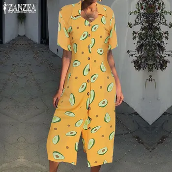 Damska letnia sukienkę 2019 ZANZEA Bohemian Fashion restauracja avocado Print Shirt Dress z krótkim rękawem Midi Vestidos Plus Suze Tunic Robe
