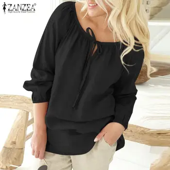 Damskie lniane bawełniane bluzki damskie stałe Puff rękawem koszule Blusa Feminina ZANZEA moda koronki koronki top plus size