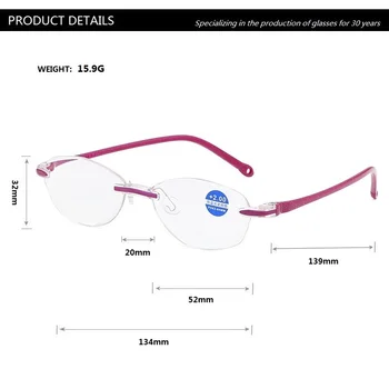 Damskie okulary do czytania bez oprawy Oval starczowzroczność kobiety ultra lekki Dimond cięcia punkty kobieta anty niebieski promień 1.0 1.5 2.0 2.5 3
