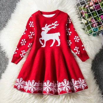 Dla Dzieci Sukienki Jesień Zima Dziewczyna Z Długim Rękawem Jeleń Śnieżynka Druku Świąteczny Sweter Sukienka Księżniczka Vestidos Odzież Dziecięca