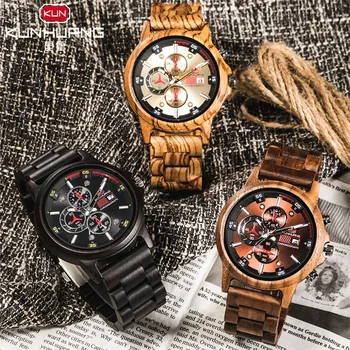 Drewniany zegar wyświetlacz daty casual męskie luksusowe drewniane chronografy sportowe uliczne wojskowy zegarek kwarcowy z drewna relogio masculino