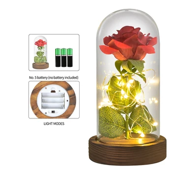 Dropshipping czerwony/ biały/ czarny Wieczny kwiat róży w szklanej kopule z podświetleniem led drewniana podstawa Walentynki prezenty dla kobiet
