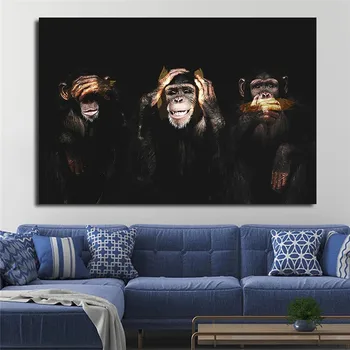 Duży rozmiar 3 małpa goryl ciemno mądry zwierząt plakaty i wydruki na płótnie Malarstwo ścienne do salonu dekoracji domu