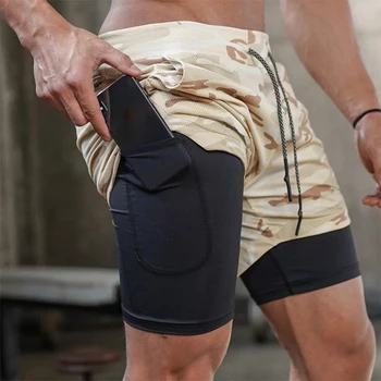 Dwuwarstwowe szorty do biegania mężczyzn 2 w 1 krótkie spodnie siłownie fitness wbudowany kieszeni Bermudy szybkoschnące spodenki plażowe Męskie sportowe spodnie