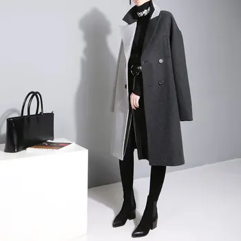[EAM] 2021 Nowa wiosna płaszcz z długim rękawem kolor czarny szary Split stawu wolny duży rozmiar kurtki moda damska JC969