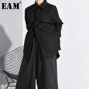 [EAM] Women Black Three-dimensional Split Big Size Blouse Nowość Lapel Long Sleeve Loose Fit Shirt Fashion wiosna jesień 2021 A554