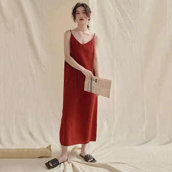 [EAM] kobiety czerwony Krótki temperament pasek spaghetti nowa sukienka V-neck bez rękawów luźny krój moda przypływ wiosna lato 2021 1U774
