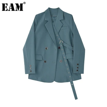 [EAM] kobiety niebieski przycisk Taśma duży rozmiar marynarka nowy płaszcz z długim rękawem luźny krój kurtka moda przypływ wiosna jesień 2021 1Z705