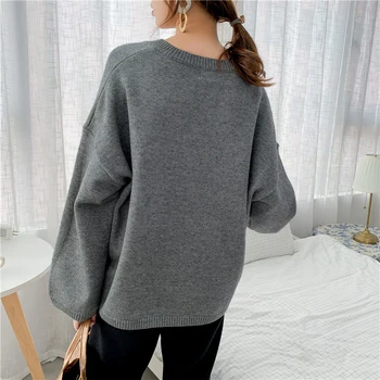 [EAM] szary duży rozmiar drutach sweter luźny krój V-neck z długim rękawem kobiety swetry nowa moda przypływ Jesień Zima 2021 1Y198