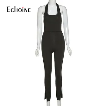 Echoine summer solid casual fashion halter fitness women Jumpsuits skinny sleeveless low-neck blackless dresy split outfits