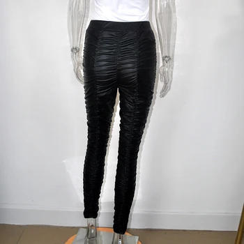 Elegancki chudy ruched faux skórzane spodnie kobiety jesień zima czarny bodycon ołówek spodnie wysoka talia faux skórzane spodnie plus size