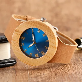 Elegancki niebieski/zielony okrągły dial drzewo bambusowe damskie zegarek Kwarcowy brązowy skóra naturalna drewniane zegarki dla kobiet