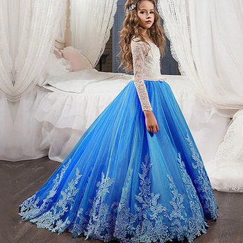 Eleganckie Niebieskie Sukienki Dla Dziewczynek W Kwiatach 2020 Nowe Suknia Z Długimi Rękawami Księżniczka Na Wesela Sukienka Pierwszej Komunii Teatralizowane Sukienki