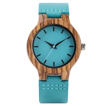 Eleganckie panie twórczy niebieski ręcznie kwarcowy drewniane zegarek skóra watchband prosta moda drewniane zegarek prezent kobieta