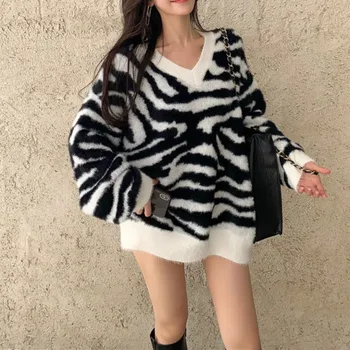 Ezgaga Zebra Stripe Sweter Z Dzianiny Sweter Damska Odzież Wierzchnia Harajuku Jesień Zima 2020 Oversize Miękkie Kobiece Topy Modny Sweterek