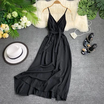 FTLZZ Maldives Holiday Dress Sexy Backless Straps V-neck Dress Women Solid Color Thai Seaside Maxi Long Big Swing Fairy Dress