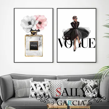 Fashion Art Canvas Painting Black Perfume with Flower Posters Modern Home Decoration Vogue Wall Art Pictures for Living Room