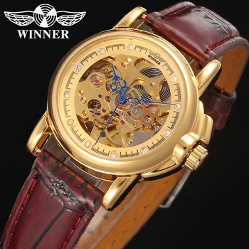 Fashion Winner Top Automatic Mechanics Clock Women Top Brand Design With Luxury Gold Dial Color Skórzane Zegarek Relojes Mujer