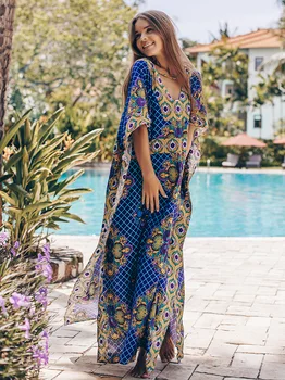 Fitshinling Bohemian Holiday Long Beach Dress Cover-Up Batwing Sleeve Oversize Robe Print Kwiatowy Lato Kaftan Maxi Dresses New