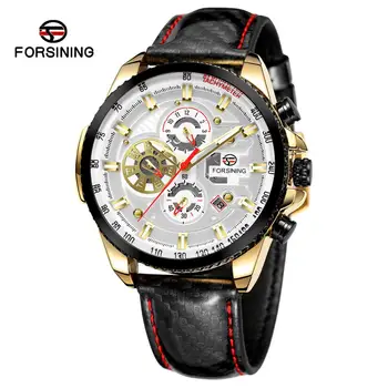Forsining Three Dial Calendar Display Black Men automatyczny Skórzany pasek zegarek Top Brand Luxury Military Sport męski zegarek