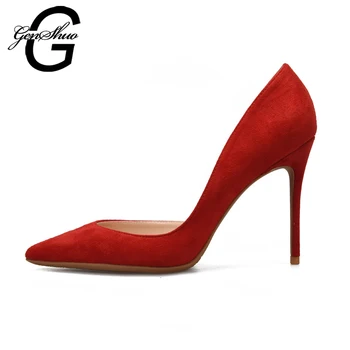 GENSHUO buty Damskie na obcasie czarny D ' Orsay Flock pompy nude Czerwona poprawiny buty cienkie obcasy mały rozmiar 32 plus 44 45 46