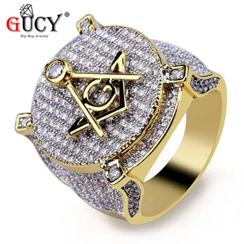 GUCY hip-hop pierścień pozłacany mosiądz materiał wszystkie oblodzonych mikro utorować sześciennych Cyrkon масонское pierścień Urok biżuteria dla mężczyzn prezent