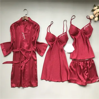 Garnitur-czwórka cienka strona koszula nocna damska wiosna i jesień Sexy piżama z нагрудными okładziną damskie szorty-szelki