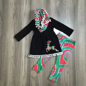 GirlyMax zimowe dziewczyny czarny jeleń druku raglan krawat barwnik legginsy dziecięce śliczne 3 szt świąteczne stroje z szalikiem