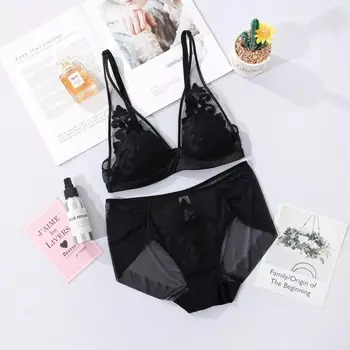 HONVIEY Lingerie Femme Sexy Sandwich Untra thin Cup Lace Embroidery Underwear Set Wirefree Push Up Bra Set Deep V langerie