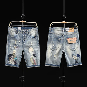 Haft mężczyźni podarte problematyczne jeansowe szorty hollow, Bermudy lato Vintage otwór kowboje spodenki jeans