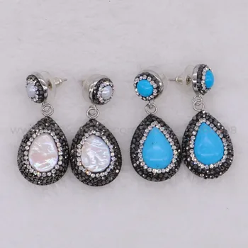 Handmade moda kolczyki-krople rhinestone utorować ogromny naturalny perłowy/Niebieski kamień kolczyki druzy kolczyki partii biżuterii 2138