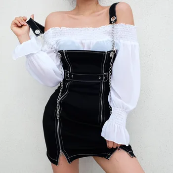 Harajuku retro czarny punk Bodycon sukienka meble jesień 2020 zamek Split sexy mini sukienka metalowy łańcuch zębaty Pasek sukienka