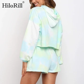 HiloRill Women Fashion Tie Dye 2 Piece Set Batwing Sleeve Loose Hooded Cropped Tops Casual Outfit Sznurek Szorty Tracksuits