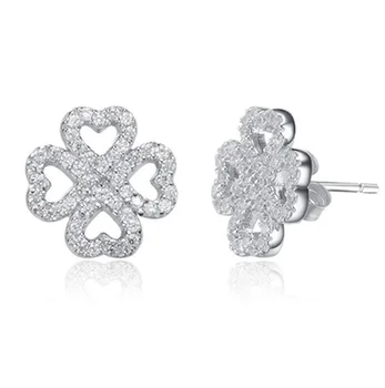 Hot moda 925 srebrne płatki miłości kolczyki dla kobiet Lady autentyczny Oryginalny w kształcie serca czterolistna koniczyna biżuteria prezent