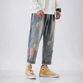 IiDossan japoński Harajuku proste jeansowe męskie jeansy regular patchwork elastyczny pas meble odzież spodnie mężczyźni nowa moda gorąca sprzedaż
