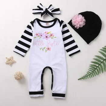 Imcute Baby Girls zestaw ubrań z trzech części dla niemowląt z długim rękawem kwiatowy print kombinezon + czapka + kapelusze czarny/ biały/ szary/ różowy