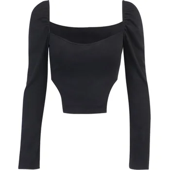 Jesienna kwadratowa szyja damska seksowna koszulka z długim rękawem dla kobiet Topy żebrowane Split slim top damska koszula damska odzież