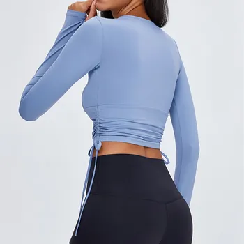Jesienne sportowe topy kobiety fitness Jersey siłownia z długim rękawem joga krótkie topy koronki z obu stron jogging treningu koszulka oddychająca