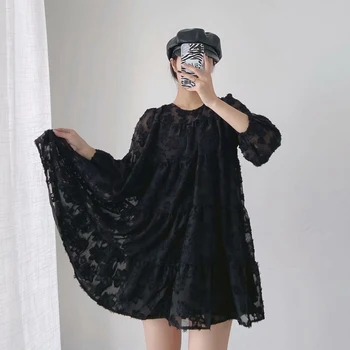 Jesień 2020 Czarne Текстурированное Mini Sukienka Kobiety Plus Size Kwiat Dress Woman Long Transparent Sleeve Smock Design Ladies Club Dresses